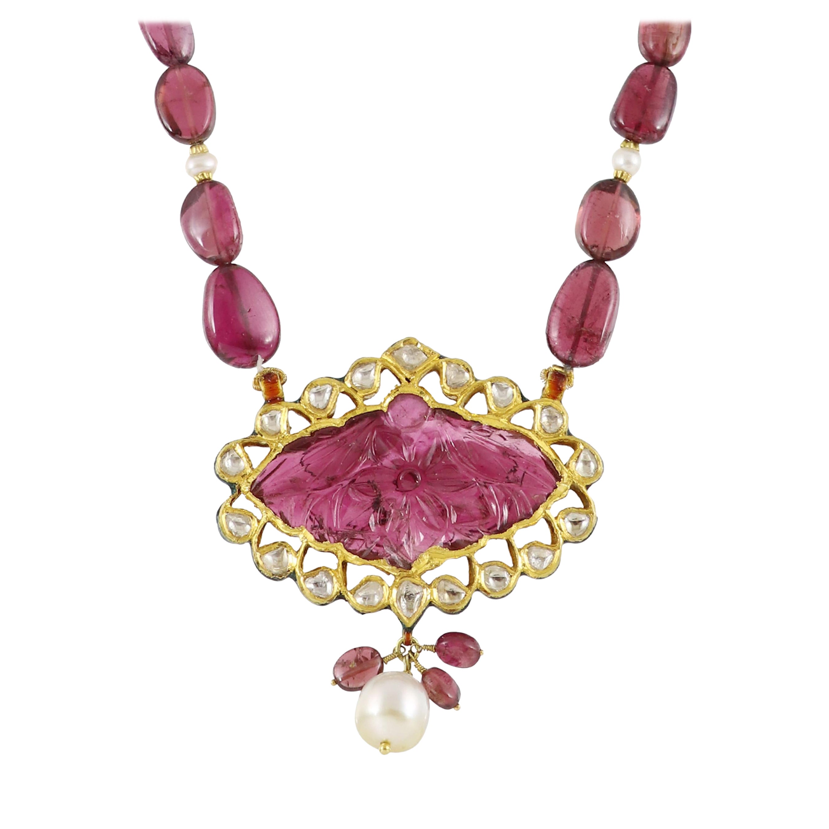 22K gold Mughal Tourmaline pendant with natural diamond polki for Indian wedding For Sale