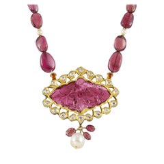22K gold Mughal Tourmaline pendant with natural diamond polki for Indian wedding