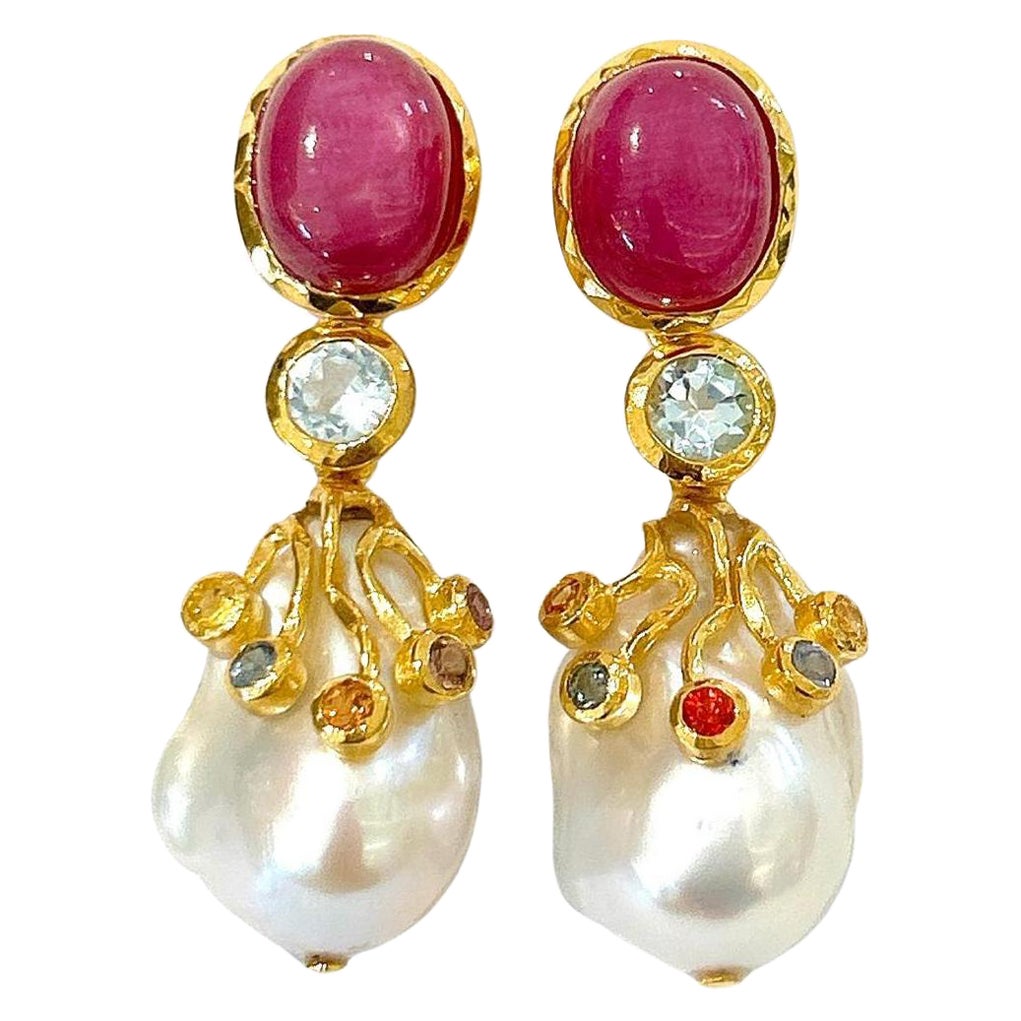 Boucles d'oreilles Bochic Orient en or et argent 18 carats, rubis, topaze et saphirs fantaisie en vente