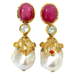 Bochic “Orient” Ruby, Topaz & Multi Fancy Sapphire Earrings 18K Gold & Silver