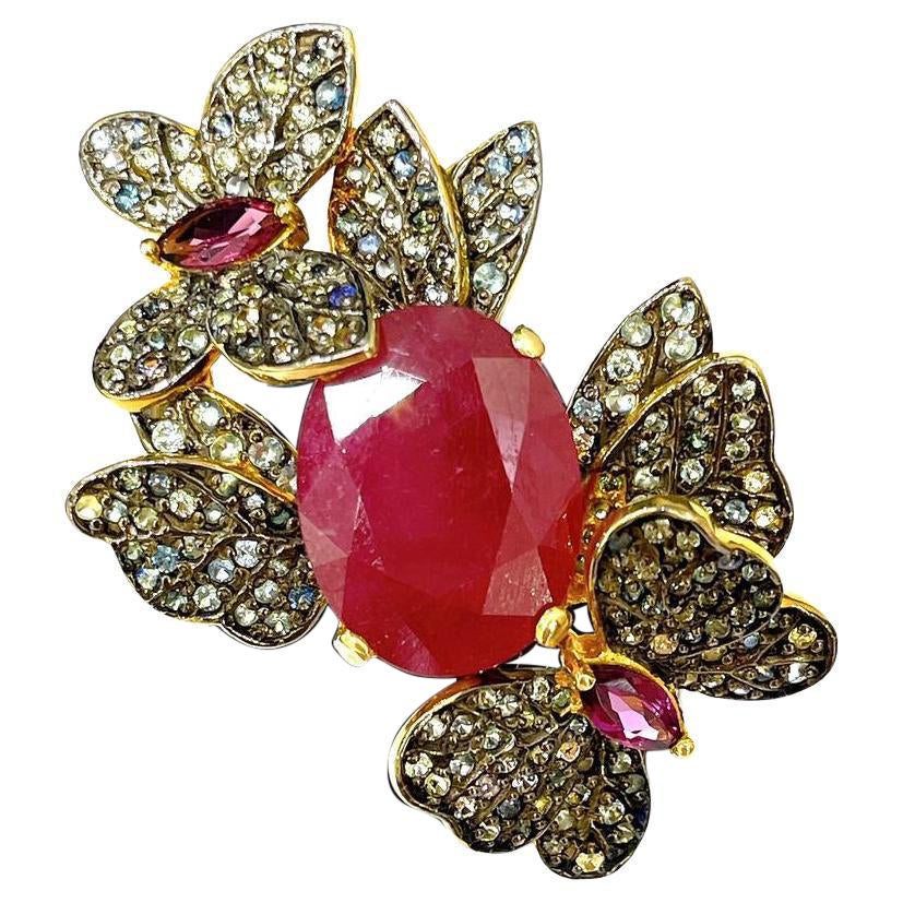 Bochic “Orient” Vintage Ruby & Sapphire Vintage Cluster Ring Set 18K & Silver