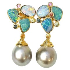 Bochic “Orient” Vintage Opal, South Sea Pearls & Sapphires Earrings Set 18K Gold