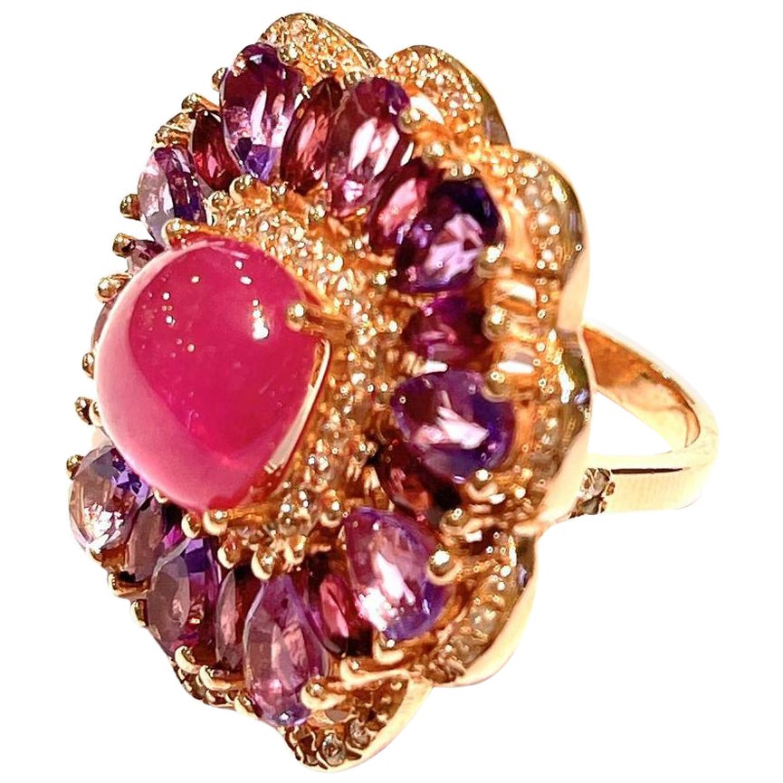 Bochic "Flamenco" Vintage Rubis et gemmes multicolores Bague Cocktail Or 18K et Silve