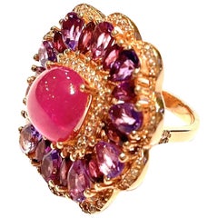 Bochic “Flamenco” Vintage Ruby & Multi Color Gems Cocktail Ring 18K Gold & Silve
