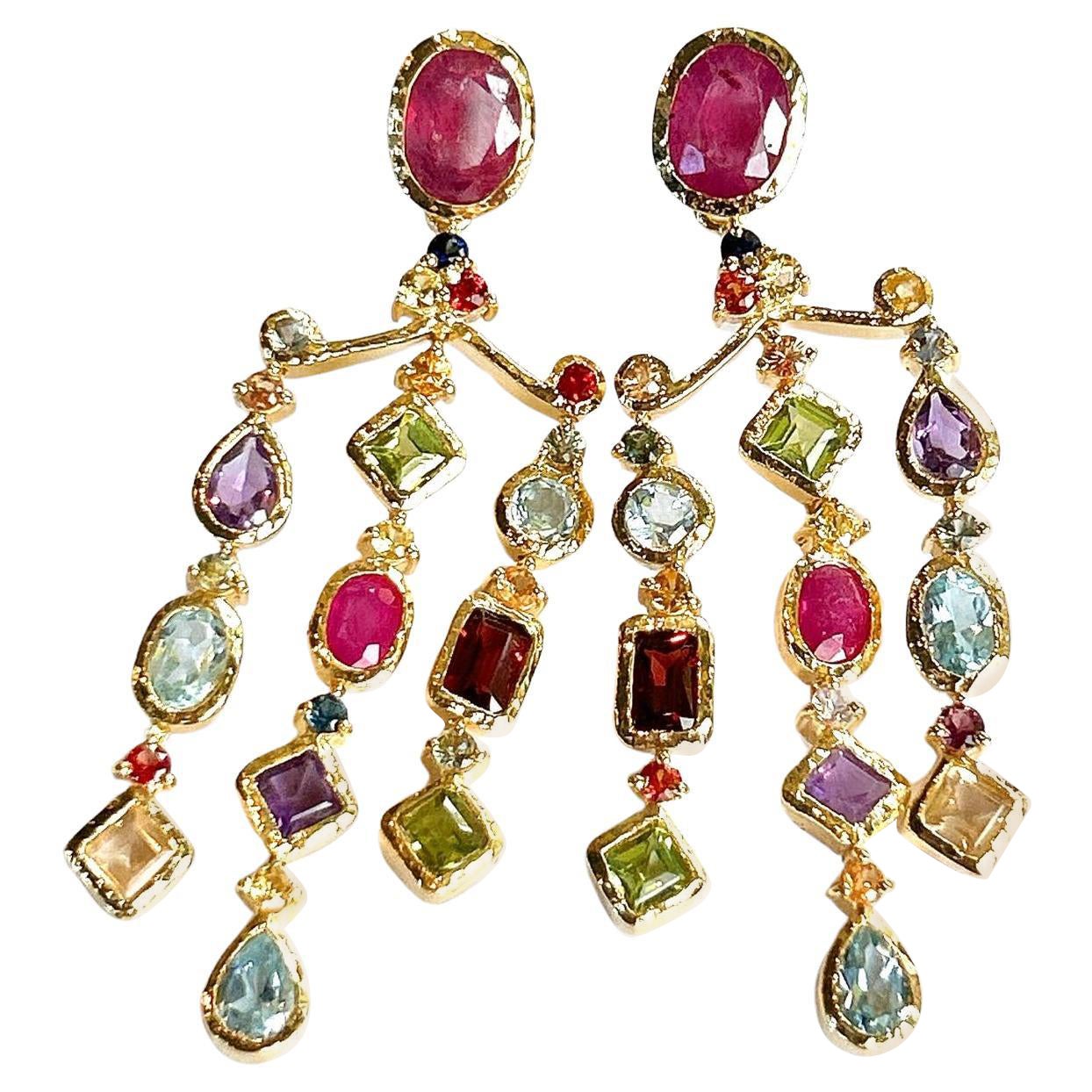 Bochic Orient Rubin & Multi Edelstein Kronleuchter Ohrringe Set 18K Gold&Silber im Angebot