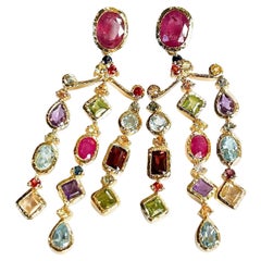Bochic Orient Rubin & Multi Edelstein Kronleuchter Ohrringe Set 18K Gold&Silber