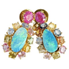 Bochic “Orient” Vintage Fancy Sapphire, Ruby & Opal Earrings Set 18K Gold & Silv