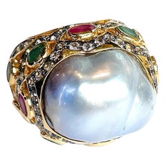 Bochic “Orient” Emerald, Ruby, South Sea & Diamond Ring Set In 18K Gold & Silver