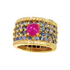 Bochic “Orient” Vintage Diamond, Ruby & Sapphire Ring Set 18K Gold & Silver