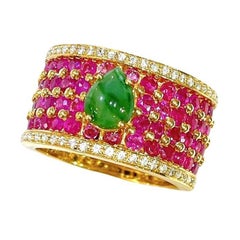 Bochic “Orient” Diamond, Ruby, & Jade Vintage Band Ring Set 18 K Gold & Silver