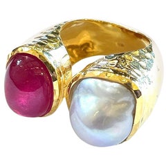 Bochic “Orient” Ruby & South Sea Pearl 2 Gem Ring Set 18K & Silver