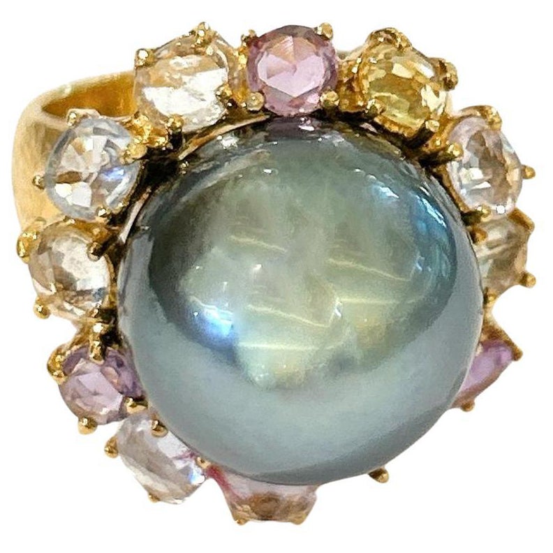 Bochic Orient Tahiti Perle & mehrfarbiger Saphir Ring Set 18K Gold & Silber
