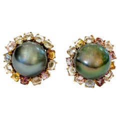 Bochic “Orient” Tahiti Pearls & Multi Sapphire Earrings Set In 18K Gold & Silver