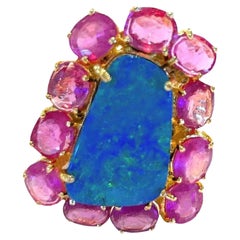 Bochic “Capri” Vintage Blue Opal & Ruby Ring Set In 18K Gold & Silver