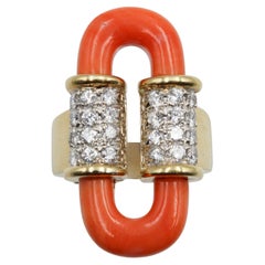 Fierce 1970s Sculptural Coral & Diamond Power Ring in 18K Gold