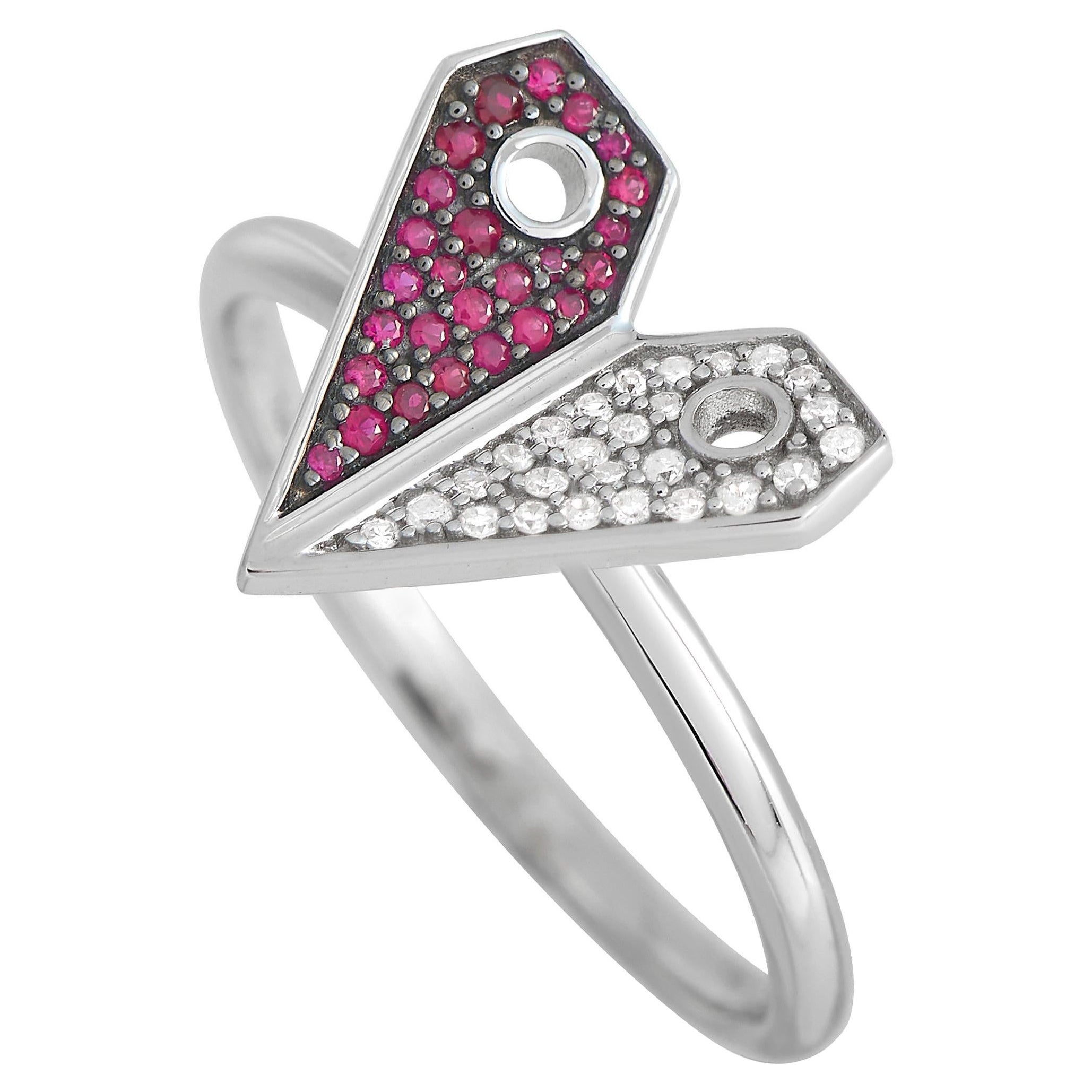 14K White Gold 0.08ct Diamond and Ruby Heart Ring For Sale