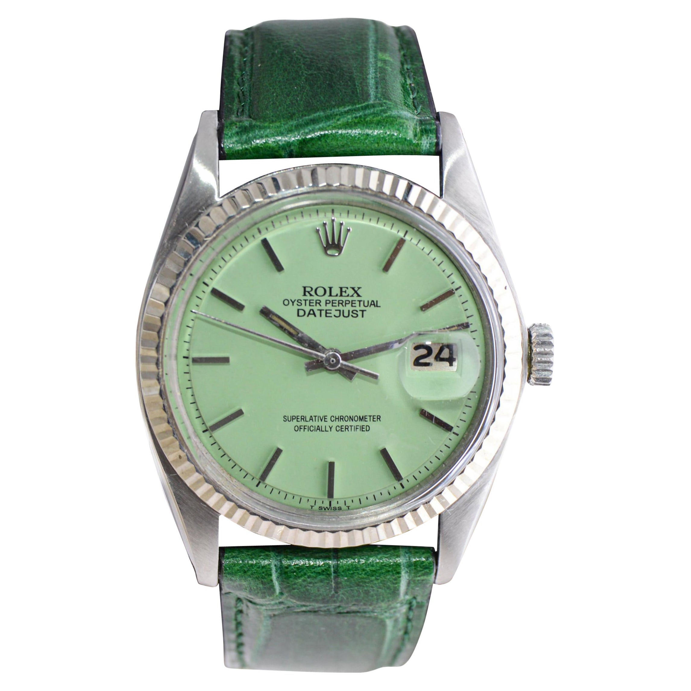 Rolex Stainless Steel Perpetual Datejust with Custom Finished Green Dial 1970's For Sale