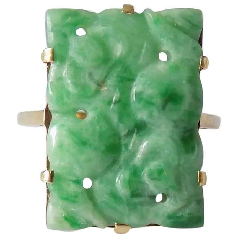 15K Art Deco carved Jadeite Jade Gold Ring