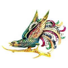 Retro Ruby Sapphire Diamond Emerald Enamel 18k Yellow Gold & Platinum Bird Brooc
