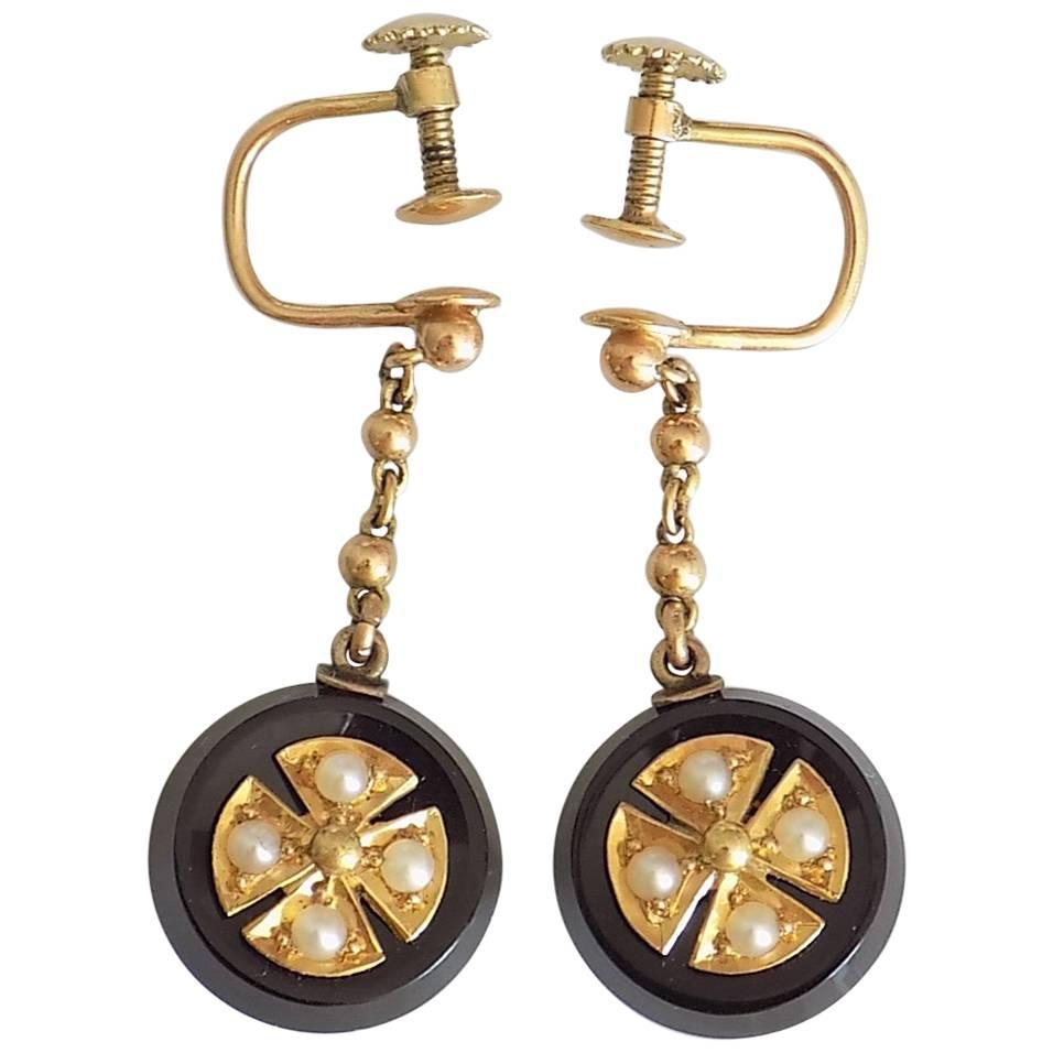18K Victorian Black Onyx Natural Seed Pearl Gold Maltese Cross Mourning Earrings