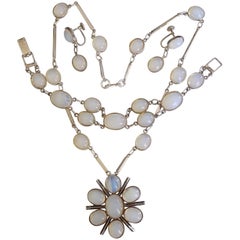 Vintage Moonstone Paste Opaline Glass Sterling Silver Necklace Set