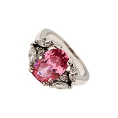 Pink Oval Cut CZ Silver Ring, October Birthstone, Clear Marquise Accent Stones
