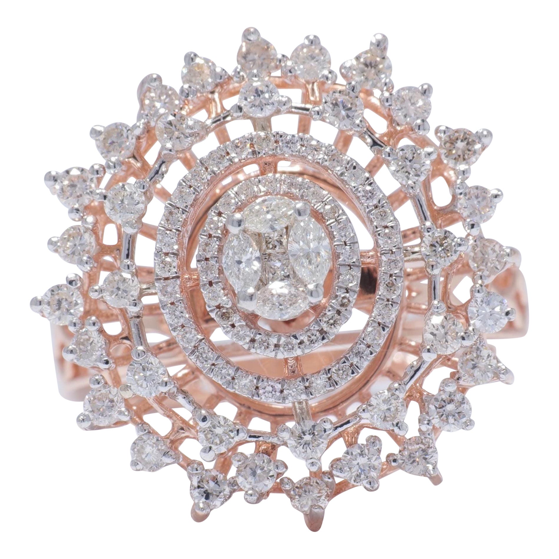 Anello con diamante a forma di fiore in oro massiccio 14K (certificato) in vendita