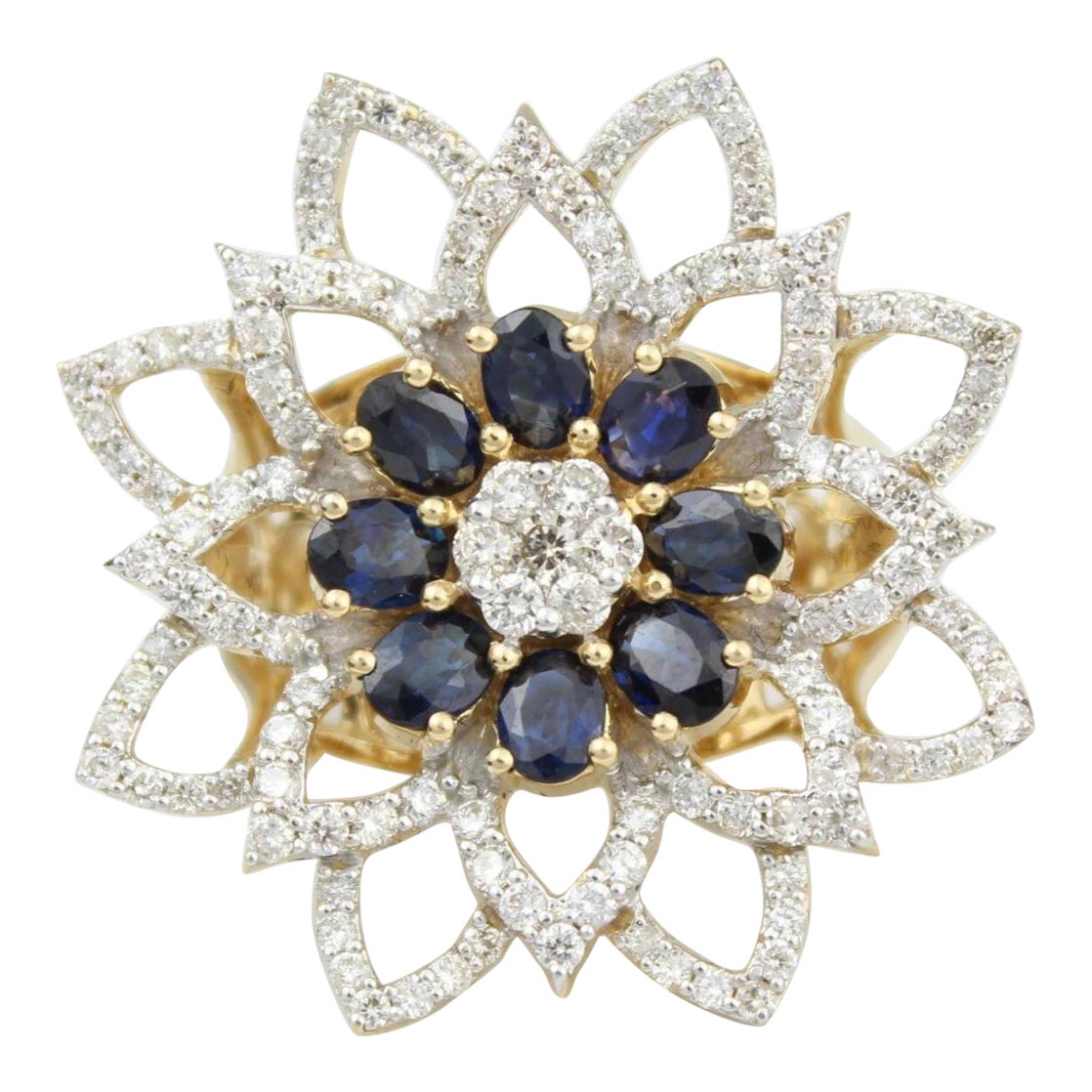 Anello con diamante a fiore e zaffiro blu in oro massiccio 14K (certificato)