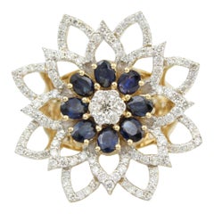 Bague fleur diamant saphir bleu en or massif 14K (certifié)
