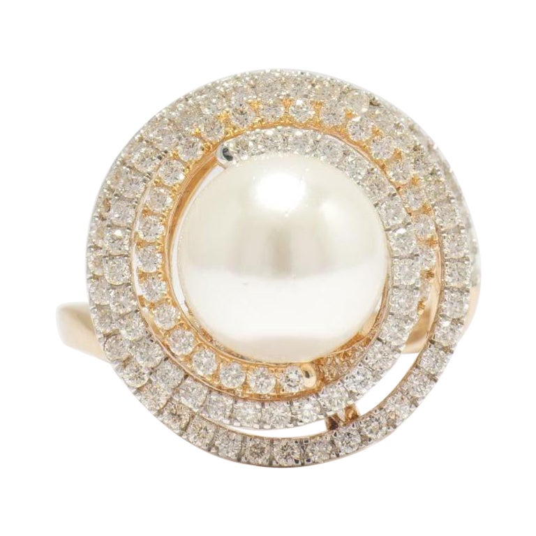 Bague en or massif 14K avec diamant et perle de culture des mers du Sud (certifiée)