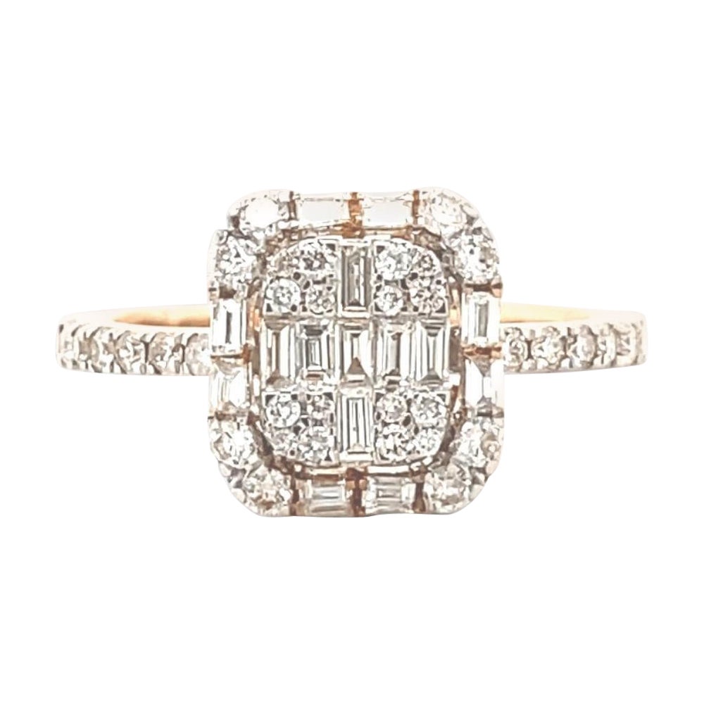 Runder & Baguette-Illusion-Diamant-Goldring aus 14k massivem Gold (zertifiziert) im Angebot