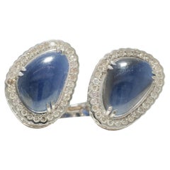 Offener Manschettenring mit blauem Saphir und Diamant aus 14k massivem Gold (zertifiziert)
