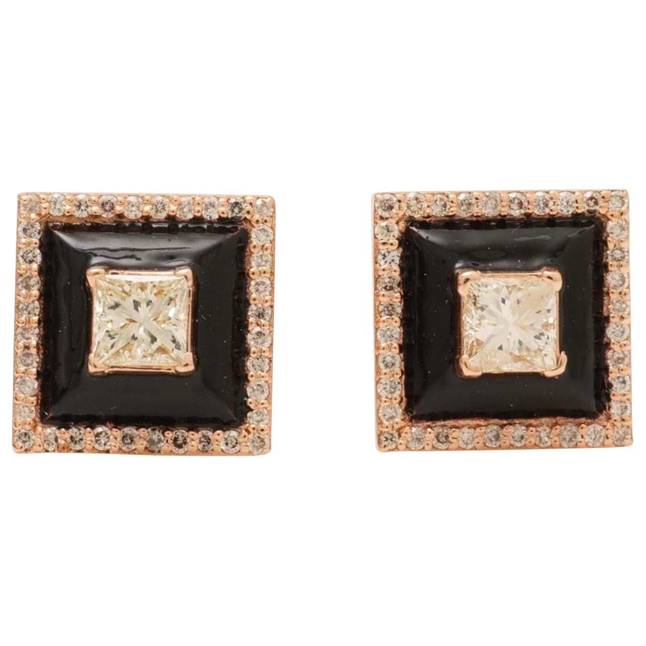 Boucles d'oreilles princesse diamant avec émail noir en or massif 14K (certifié)