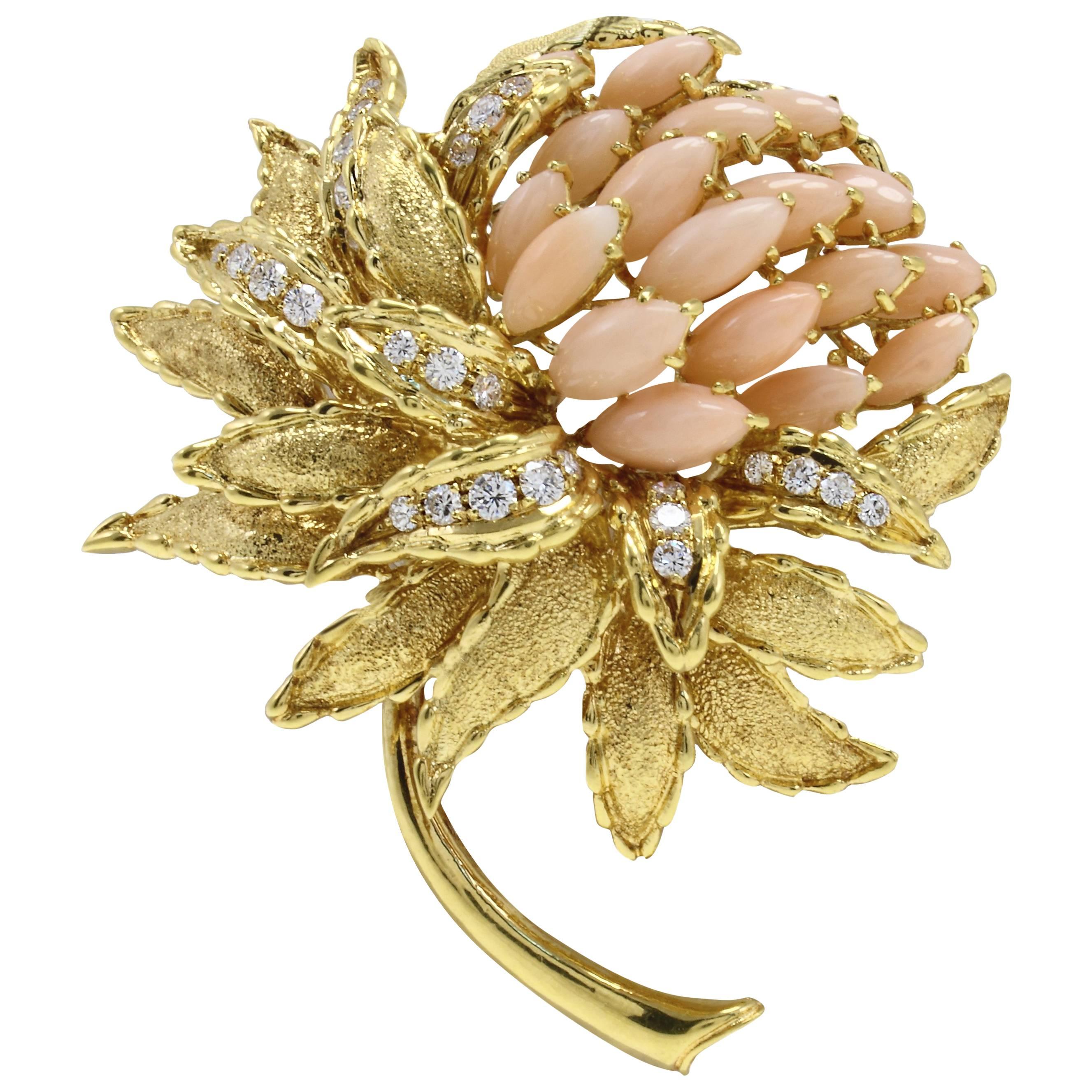  Coral Diamond Gold Brooch
