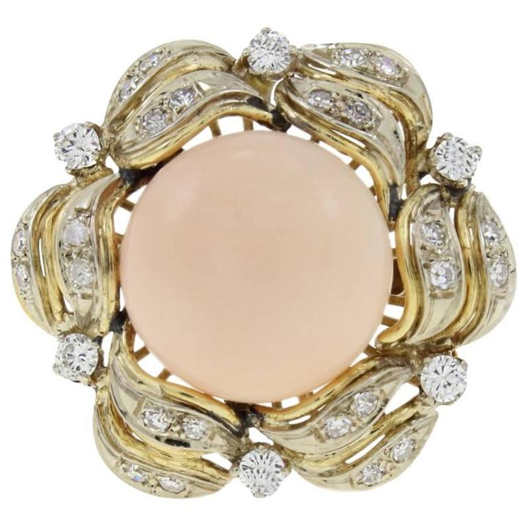 Coral Diamond Gold Cluster Ring For Sale at 1stdibs