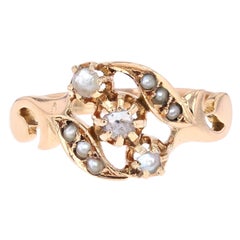Bague française du 19ème siècle en or rose 18 carats, perles fines et diamants