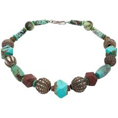 Turquoise and Red Jasper Large Beads Silver Necklace 