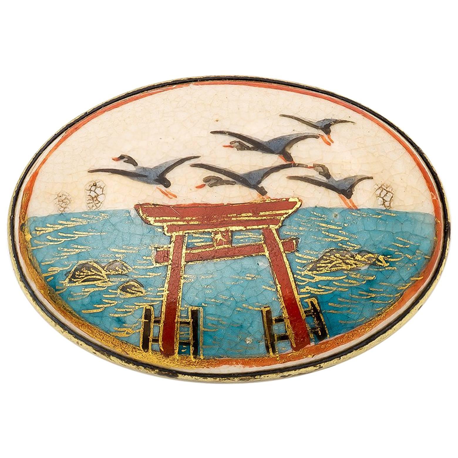 Japanese Torii and Crane Pin in Enamel circa 1940s with Blues Reds and Golds