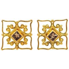 Princess Cut Champagne Diamond and Yellow Gold Filigree Stud Earrings