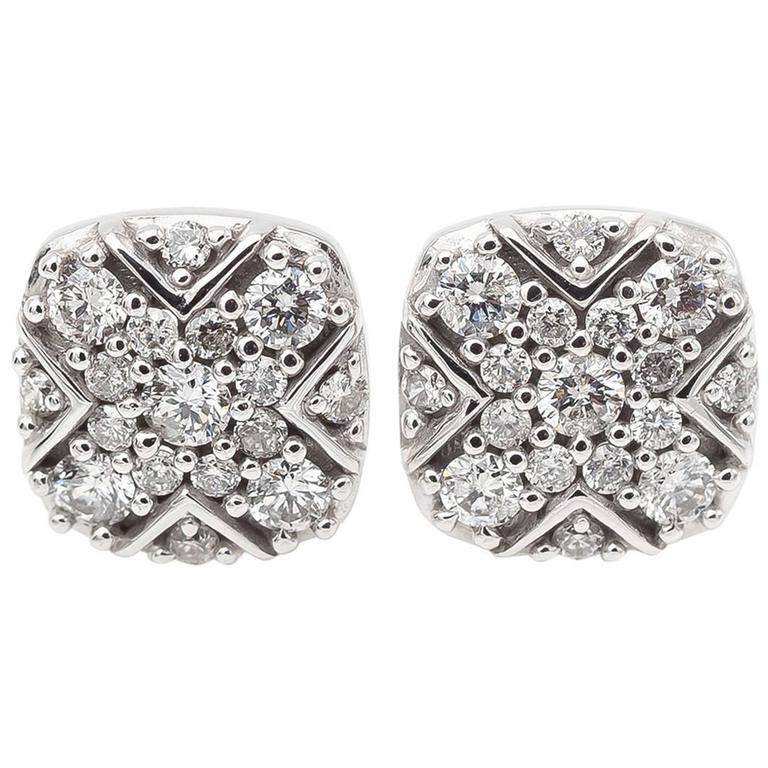 Square Diamond Stud Earrings with Round Diamonds in White Gold For Sale