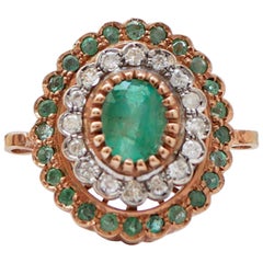 Vintage Emeralds, Diamonds, Rose Gold and Silver Ring.