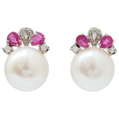 Vintage 14 Mm Pearls, Rubies, Diamonds, 14 Karat White Gold Earrings.