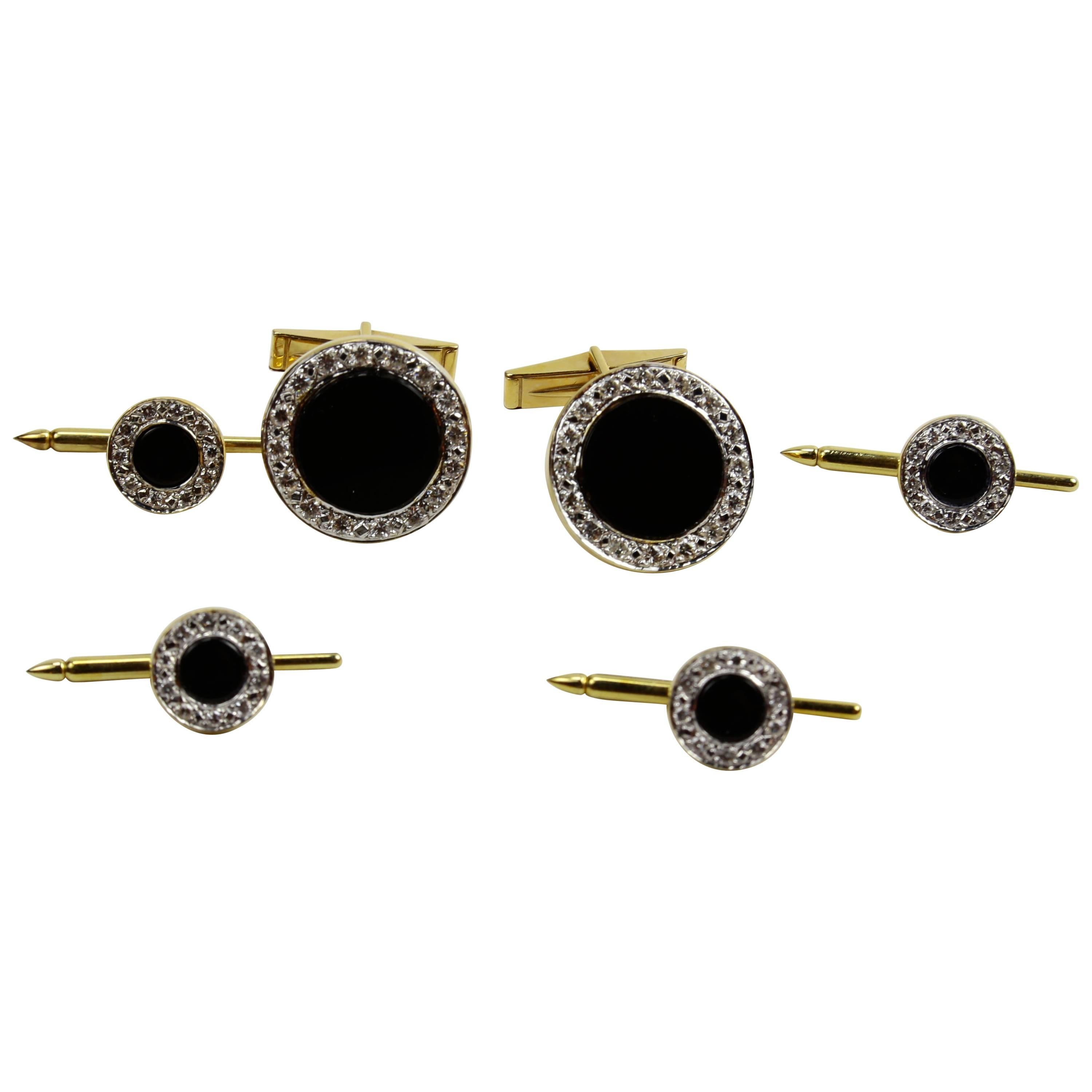 Art Deco Onyx Diamond Gold Button Cufflink and Matching Shirt Stud Dress Set