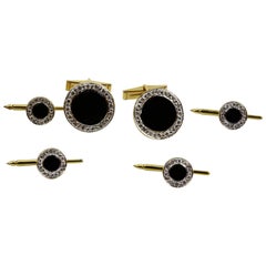 Vintage Art Deco Onyx Diamond Gold Button Cufflink and Matching Shirt Stud Dress Set