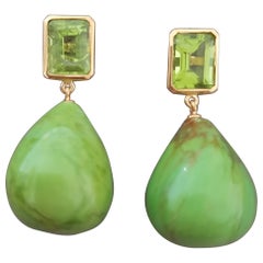 Peridot Octagon Shape Turkmenistan Green Turquoise Drops  14k Solid Yellow Gold