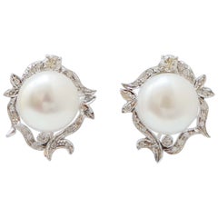 13. 5 Mm Pearls, Diamonds, 14 Karat White Gold Earrings.