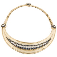Retro Sapphire and Diamond Plaque Collar Necklace in 18K Gold