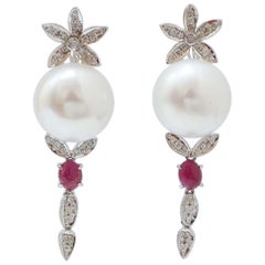 13 Mm Pearls, Rubies, Diamonds Platinum Earrings.
