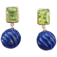 Peridot Faceted Octagon Shape Carved Lapis Lazuli  Beads 14k Solid Yellow Gold