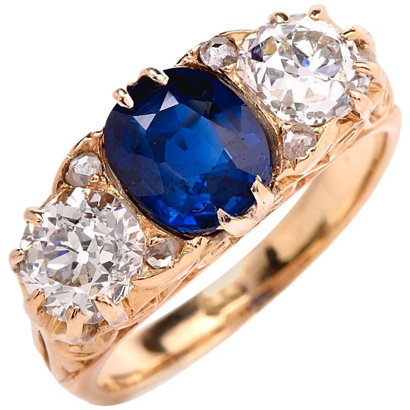 Classic English Sapphire Diamond Three-Stone Gold Engagement Ring